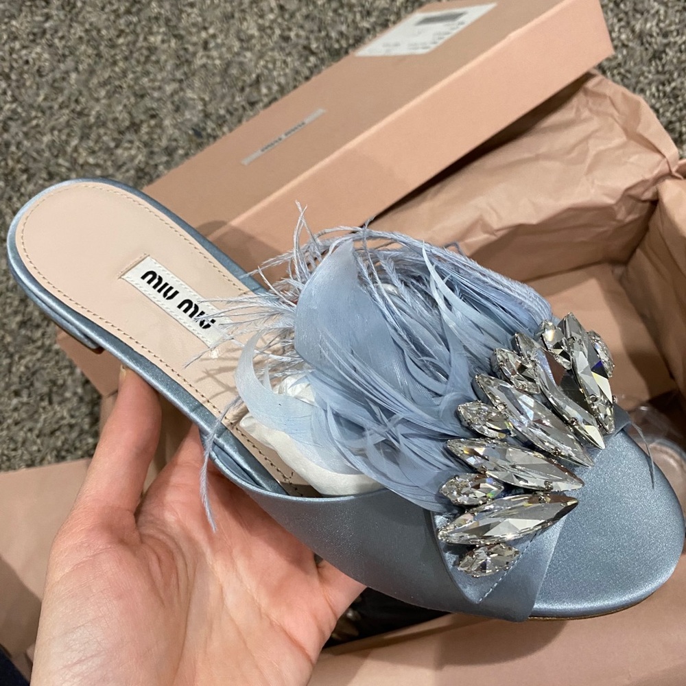 Miumiu feather and satin slides